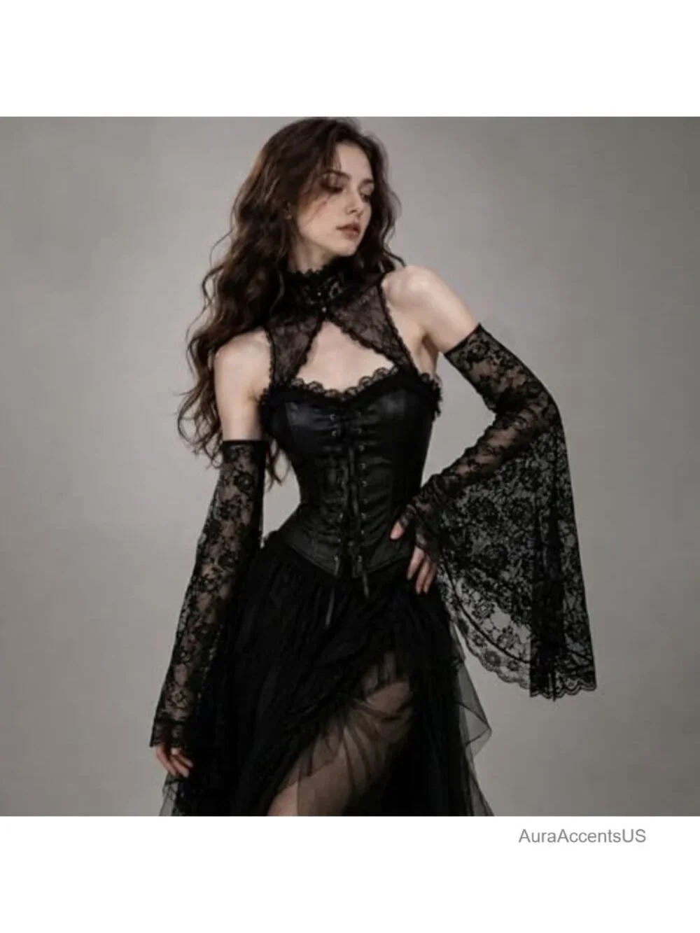 Gothic Black Lace Detachable Arm Sleeves Witch Long Gloves Victorian Cosplay